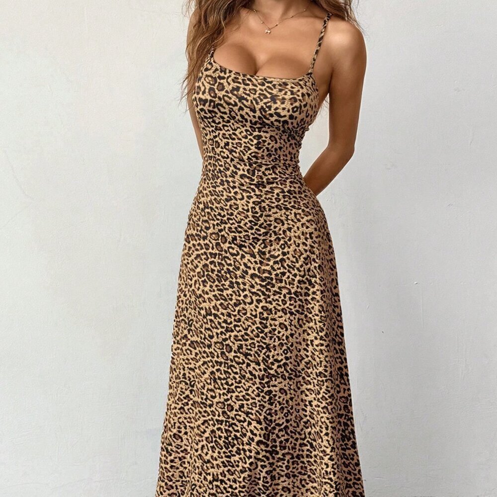 Multicolor Sexy Women's Leopard Print Backless Strappy Swing Dress - Picture 5 of 6